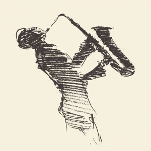 Jazz poster Man playing saxophone drawn sketch